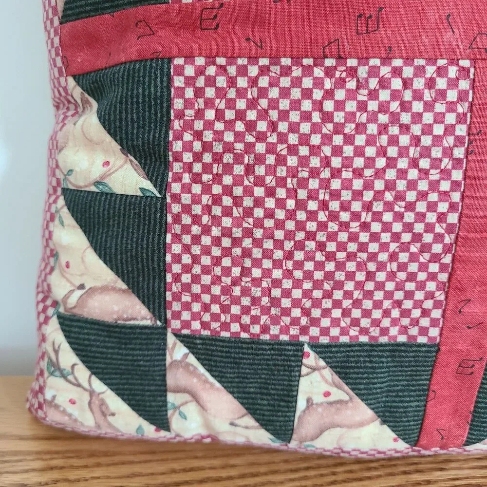 Vintage Christmas Holiday Accent Pillow Handmade Machine Stitch Christmas Fabric